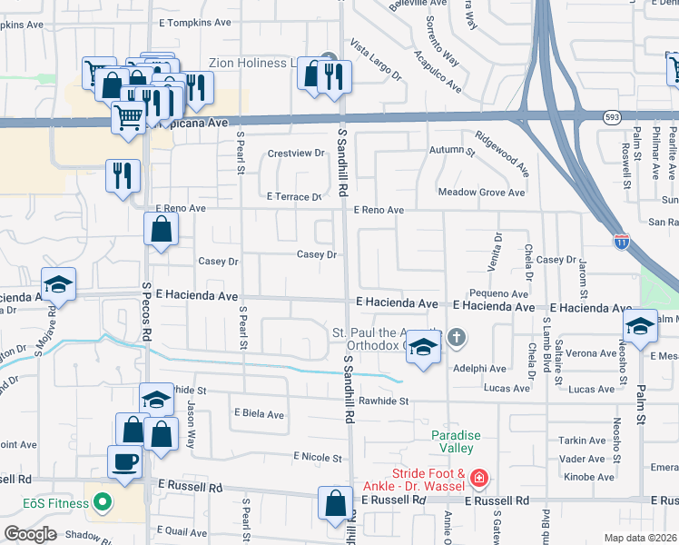 map of restaurants, bars, coffee shops, grocery stores, and more near 5231 South Sandhill Road in Las Vegas