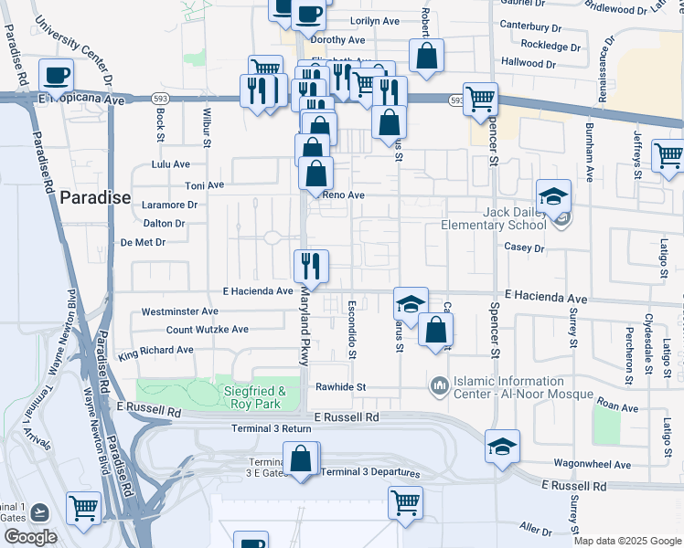 map of restaurants, bars, coffee shops, grocery stores, and more near 5278 South Maryland Parkway in Las Vegas