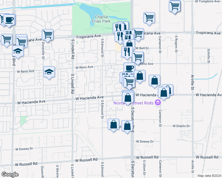 map of restaurants, bars, coffee shops, grocery stores, and more near 5060 West Hacienda Avenue in Las Vegas