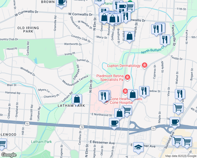 map of restaurants, bars, coffee shops, grocery stores, and more near 100 Sunset Circle in Greensboro