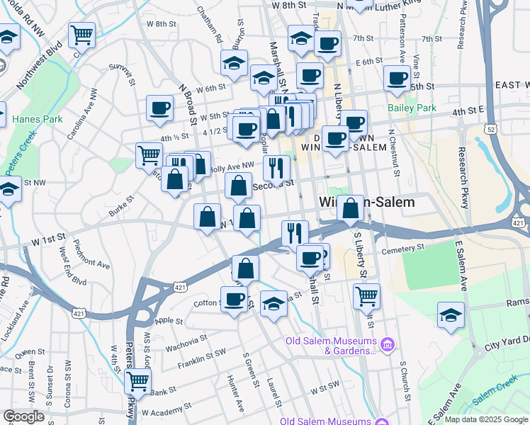 map of restaurants, bars, coffee shops, grocery stores, and more near 118 Poplar Street Northwest in Winston-Salem