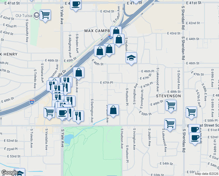 map of restaurants, bars, coffee shops, grocery stores, and more near 5358 East 47th Place in Tulsa