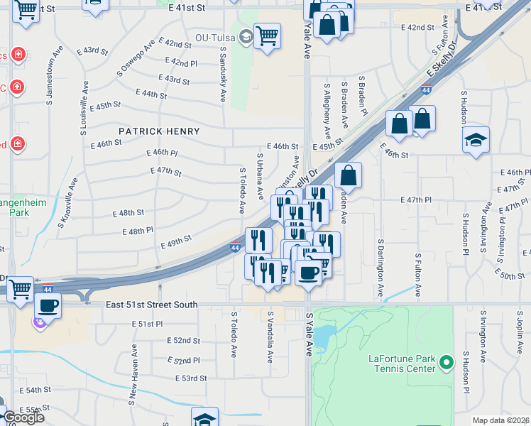 map of restaurants, bars, coffee shops, grocery stores, and more near 4530 East 49th Street in Tulsa