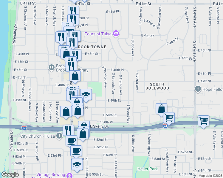 map of restaurants, bars, coffee shops, grocery stores, and more near 4672 South Saint Louis Avenue in Tulsa