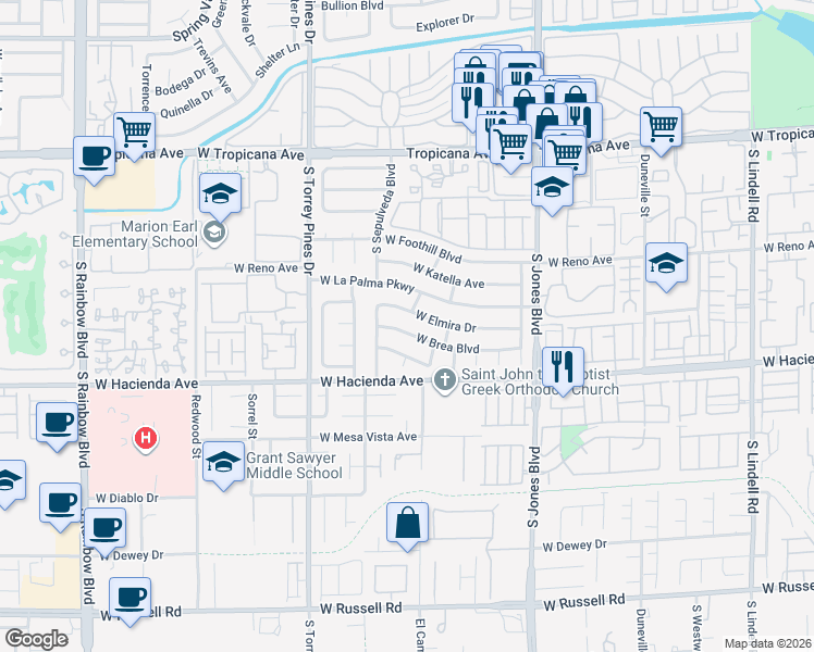 map of restaurants, bars, coffee shops, grocery stores, and more near 6308 West Brea Boulevard in Las Vegas