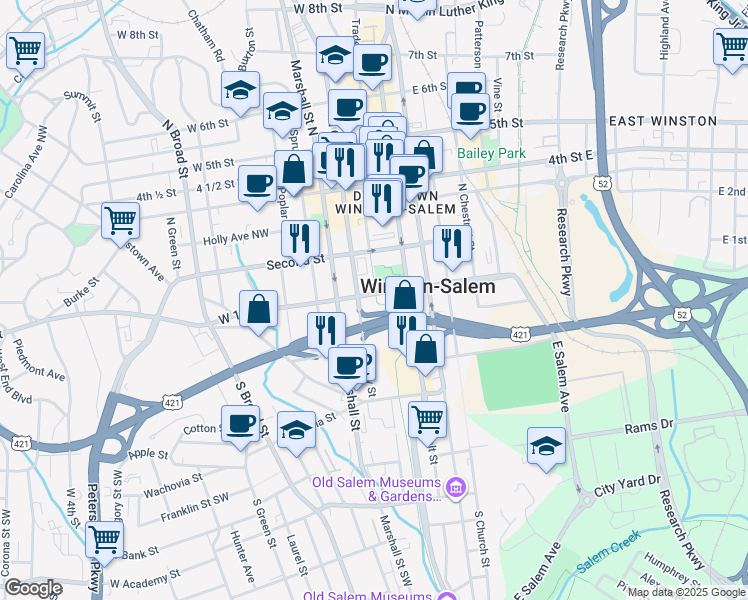 map of restaurants, bars, coffee shops, grocery stores, and more near 250 W 1st St in Winston-Salem
