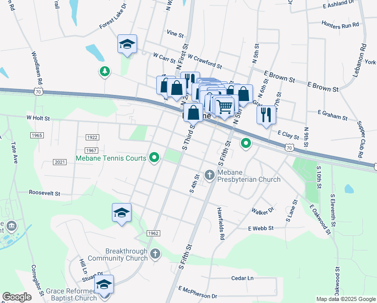 map of restaurants, bars, coffee shops, grocery stores, and more near 116 West Jackson Street in Mebane