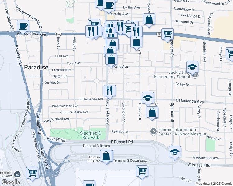 map of restaurants, bars, coffee shops, grocery stores, and more near 5278 South Maryland Parkway in Las Vegas