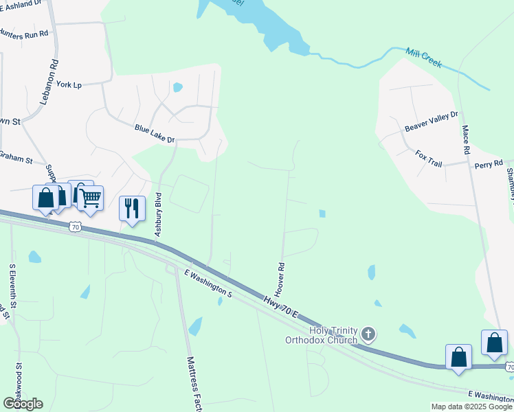 map of restaurants, bars, coffee shops, grocery stores, and more near 322 Hoover Road in Mebane