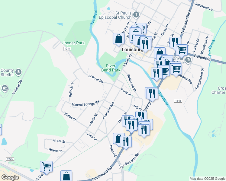 map of restaurants, bars, coffee shops, grocery stores, and more near 606 South Main Street in Louisburg