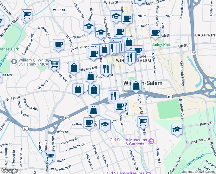 map of restaurants, bars, coffee shops, grocery stores, and more near 102 North Spruce Street in Winston-Salem