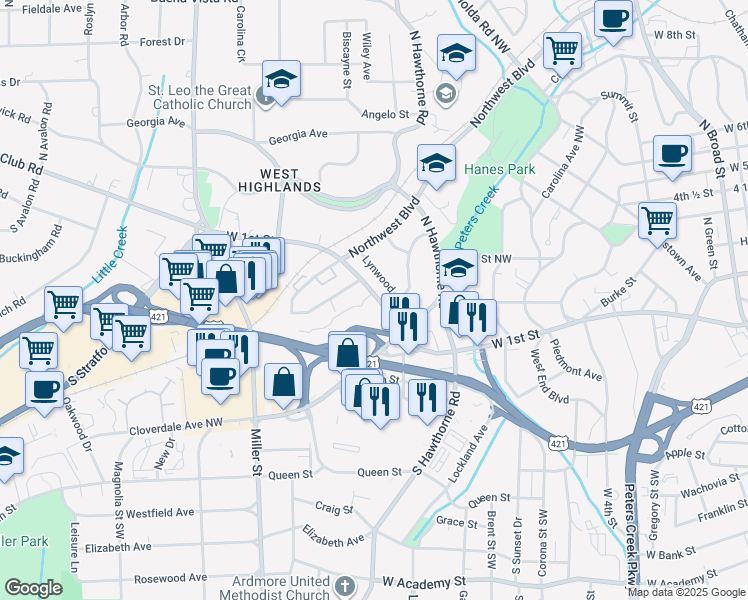 map of restaurants, bars, coffee shops, grocery stores, and more near 1622 West 1st Street in Winston-Salem