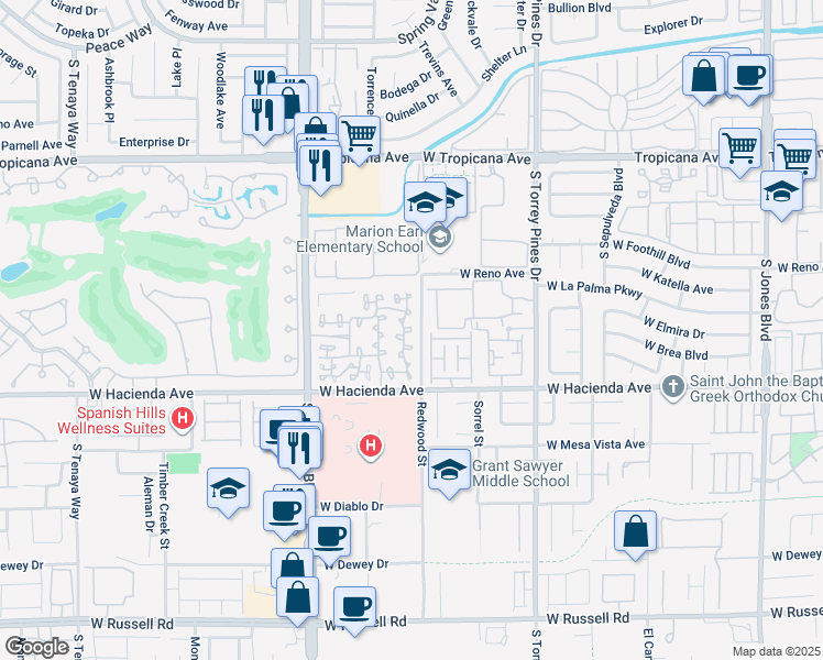 map of restaurants, bars, coffee shops, grocery stores, and more near 5250 South Rainbow Boulevard in Las Vegas