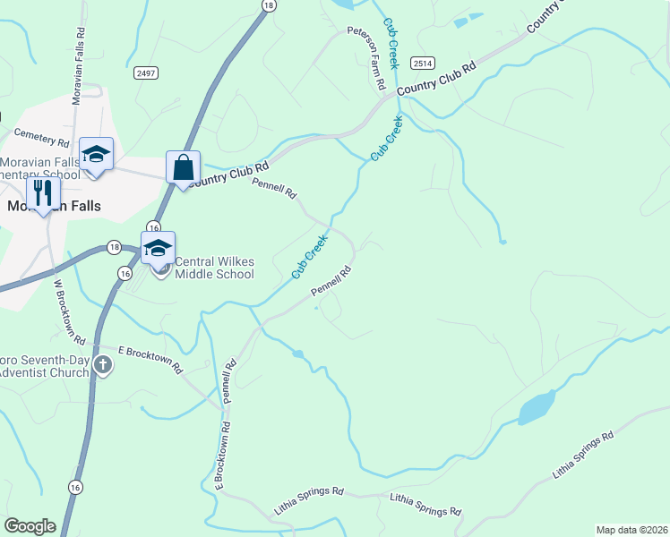 map of restaurants, bars, coffee shops, grocery stores, and more near 528 Pennell Road in Moravian Falls