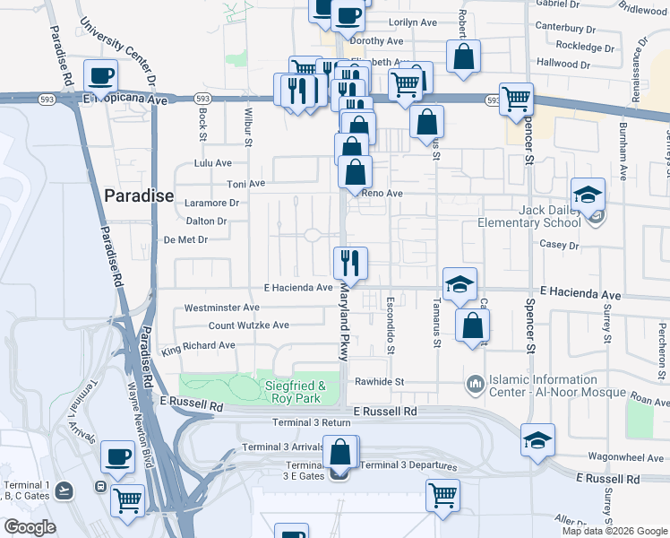 map of restaurants, bars, coffee shops, grocery stores, and more near 5238 Garden Lane in Las Vegas