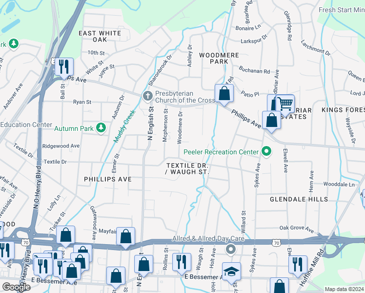 map of restaurants, bars, coffee shops, grocery stores, and more near 1408 Woodmere Drive in Greensboro