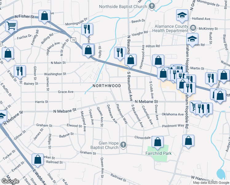 map of restaurants, bars, coffee shops, grocery stores, and more near 410 Piedmont Way in Burlington