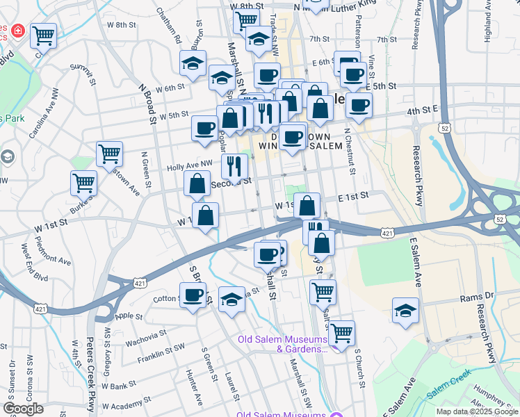 map of restaurants, bars, coffee shops, grocery stores, and more near 3 Marshall Street North in Winston-Salem
