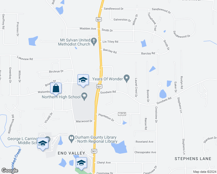 map of restaurants, bars, coffee shops, grocery stores, and more near 5600 North Roxboro Street in Durham