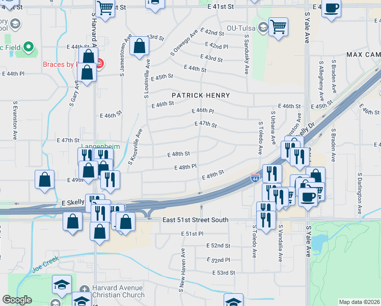 map of restaurants, bars, coffee shops, grocery stores, and more near 3763 East 48th Street in Tulsa