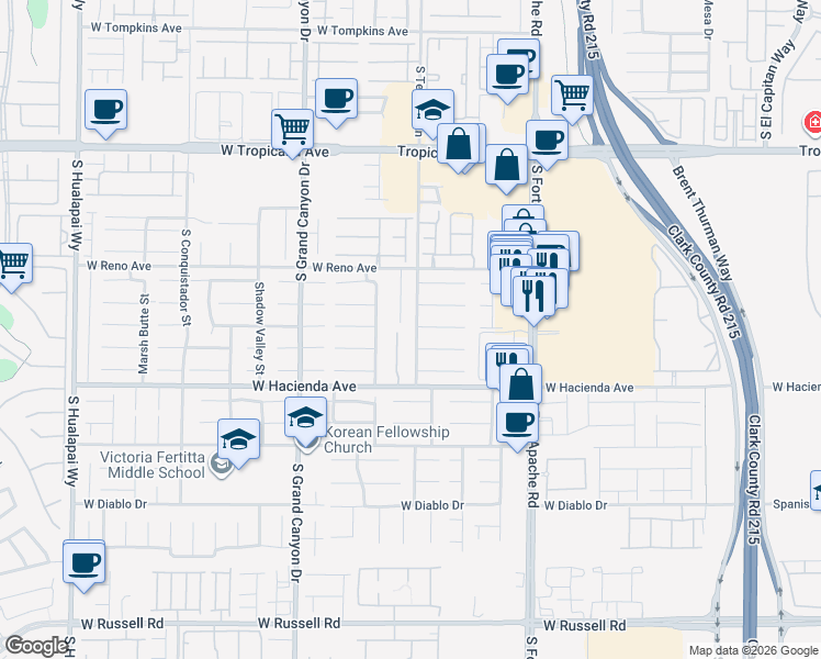 map of restaurants, bars, coffee shops, grocery stores, and more near 5201 South Tee Pee Lane in Las Vegas