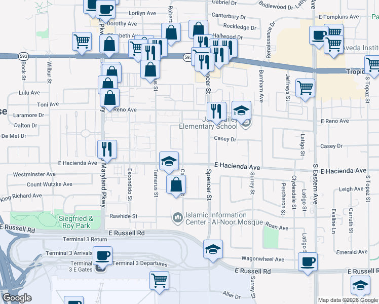 map of restaurants, bars, coffee shops, grocery stores, and more near 1688 Mapleton Lane in Las Vegas