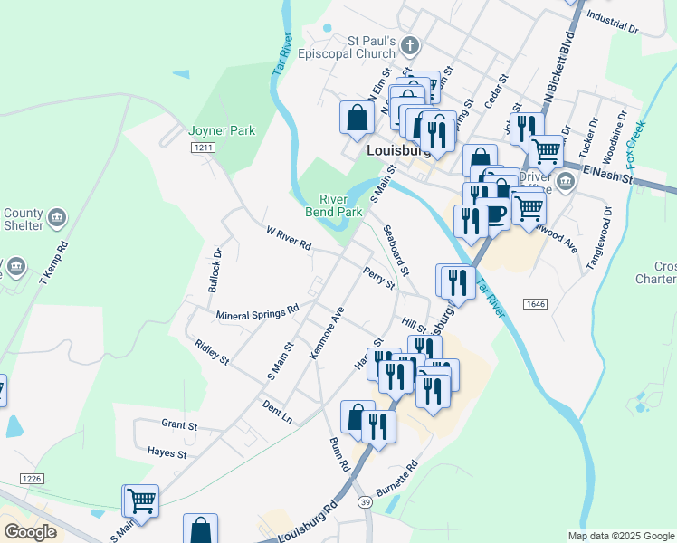 map of restaurants, bars, coffee shops, grocery stores, and more near 606 South Main Street in Louisburg