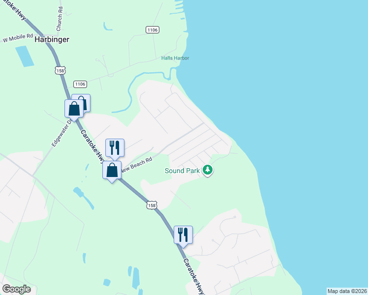 map of restaurants, bars, coffee shops, grocery stores, and more near 139 Oakwood Trail in Point Harbor