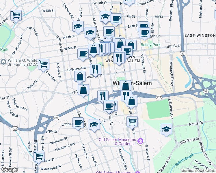 map of restaurants, bars, coffee shops, grocery stores, and more near 3 Marshall Street North in Winston-Salem