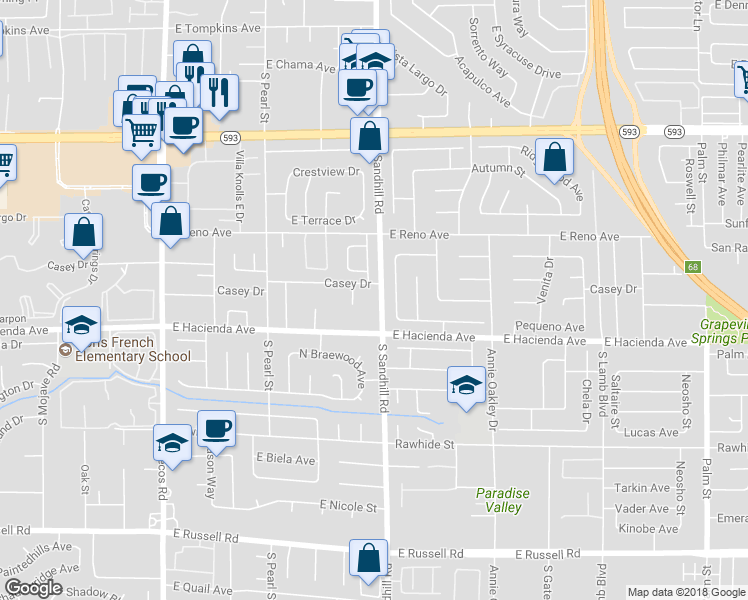 map of restaurants, bars, coffee shops, grocery stores, and more near 5231 South Sandhill Road in Las Vegas