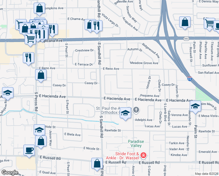 map of restaurants, bars, coffee shops, grocery stores, and more near 5225 Sunnywood Drive in Las Vegas