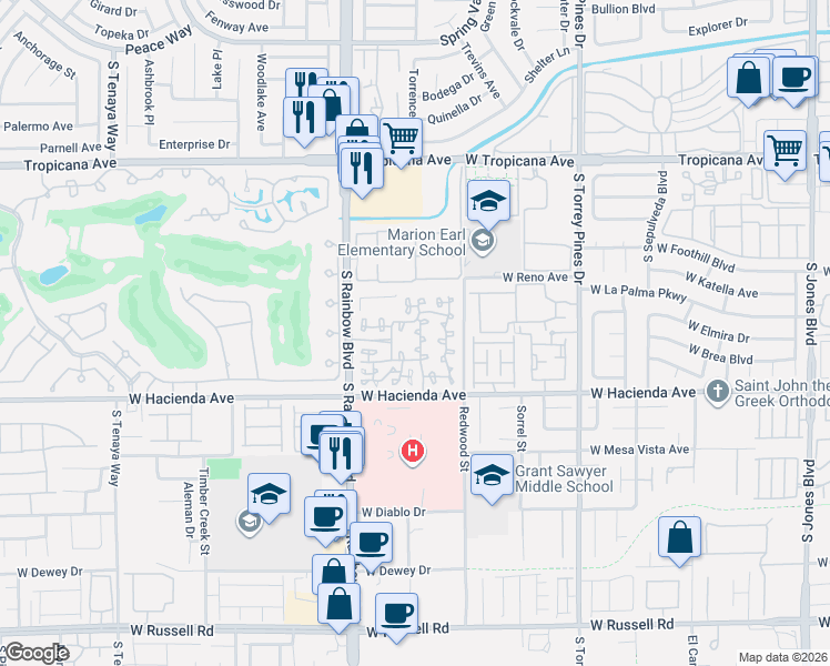 map of restaurants, bars, coffee shops, grocery stores, and more near 5250 South Rainbow Boulevard in Las Vegas