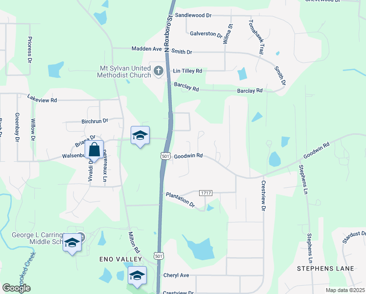 map of restaurants, bars, coffee shops, grocery stores, and more near 5600 North Roxboro Street in Durham