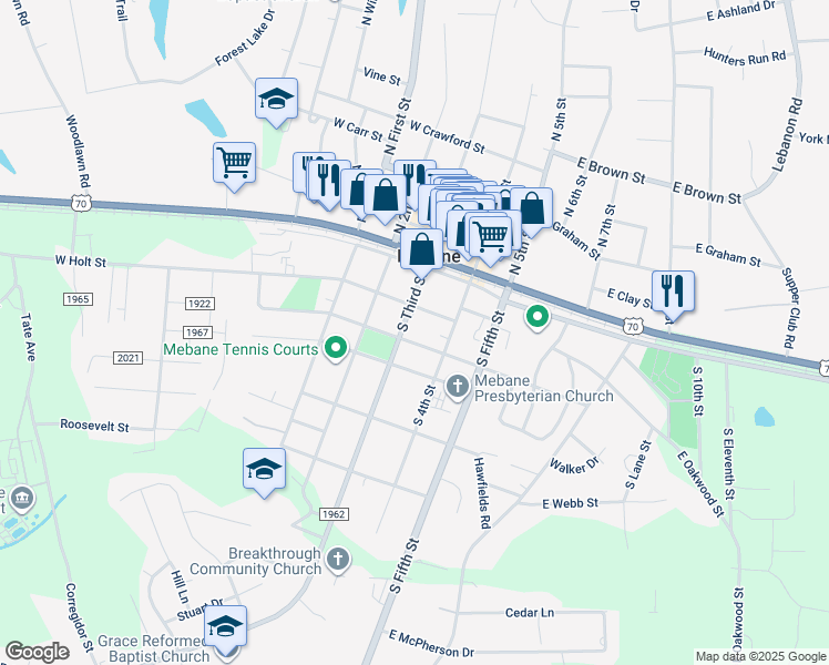 map of restaurants, bars, coffee shops, grocery stores, and more near 116 West Jackson Street in Mebane