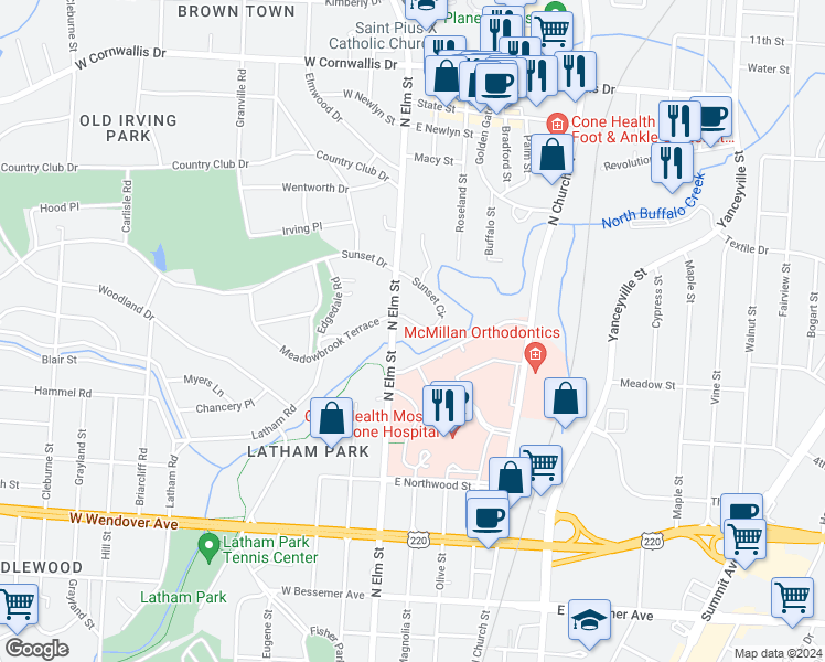 map of restaurants, bars, coffee shops, grocery stores, and more near 100 Sunset Circle in Greensboro