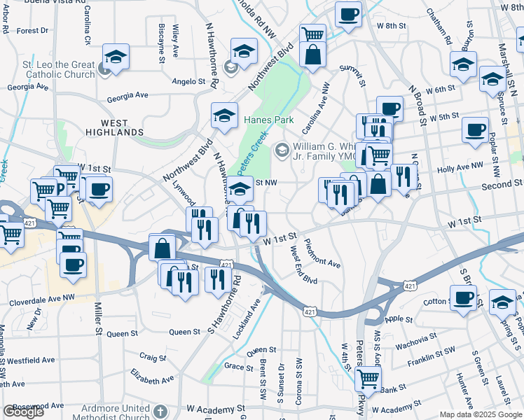 map of restaurants, bars, coffee shops, grocery stores, and more near in Winston-Salem