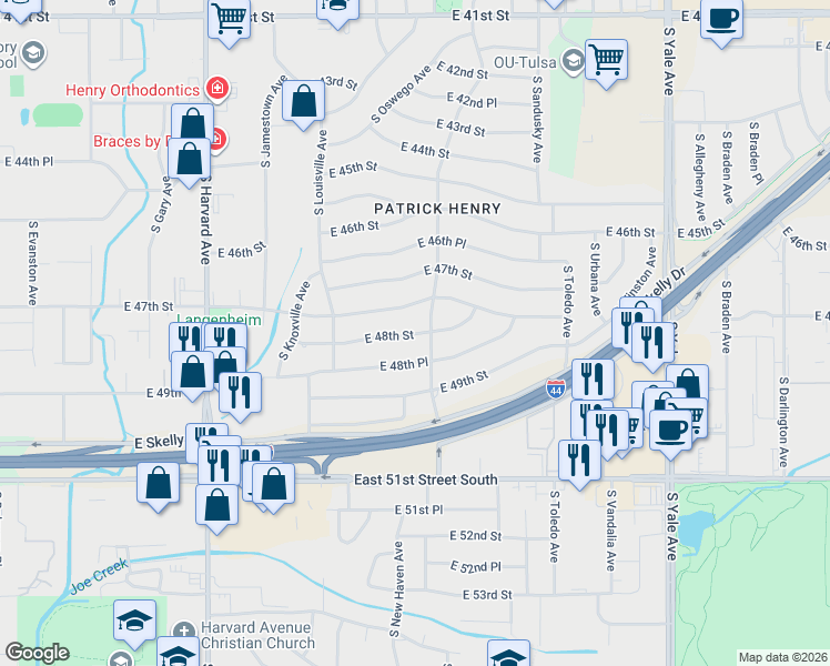 map of restaurants, bars, coffee shops, grocery stores, and more near 3763 East 48th Street in Tulsa