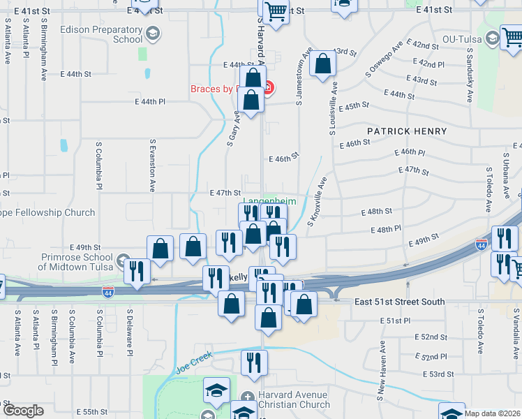 map of restaurants, bars, coffee shops, grocery stores, and more near 4701 South Harvard Avenue in Tulsa