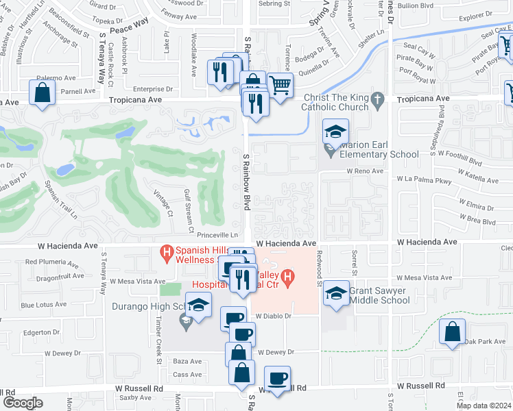 map of restaurants, bars, coffee shops, grocery stores, and more near 5250 South Rainbow Boulevard in Las Vegas