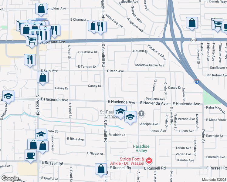 map of restaurants, bars, coffee shops, grocery stores, and more near 5225 Sunnywood Drive in Las Vegas