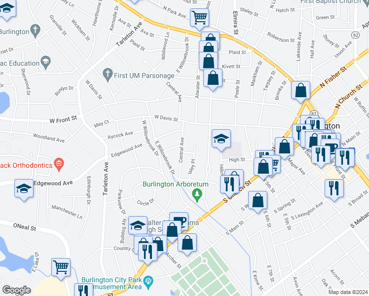 map of restaurants, bars, coffee shops, grocery stores, and more near 541 Central Avenue in Burlington