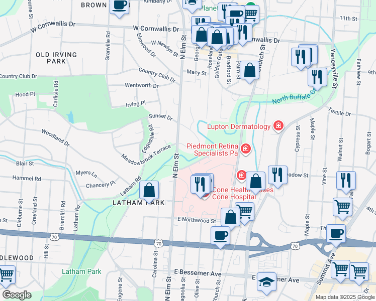 map of restaurants, bars, coffee shops, grocery stores, and more near 100 Sunset Circle in Greensboro