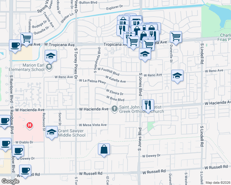 map of restaurants, bars, coffee shops, grocery stores, and more near 6244 West Elmira Drive in Las Vegas