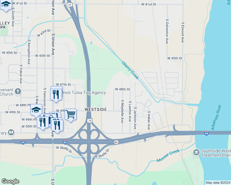 map of restaurants, bars, coffee shops, grocery stores, and more near 4809 South Nogales Avenue in Tulsa