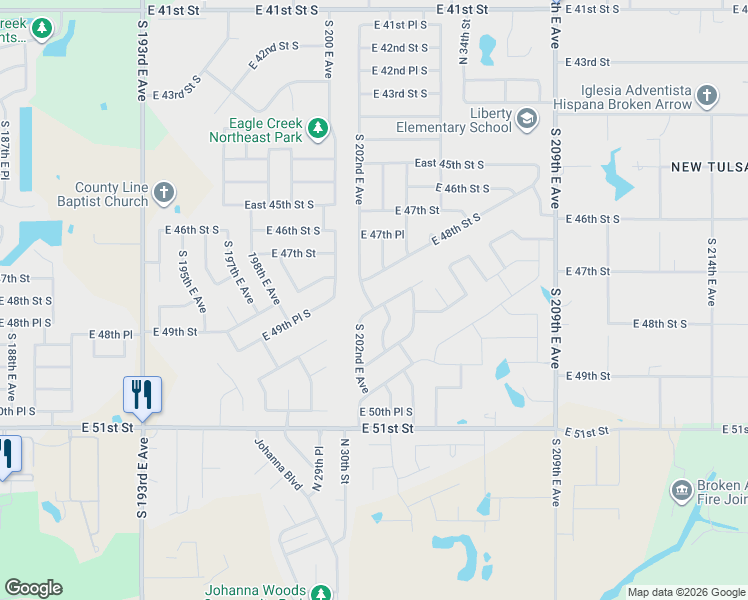 map of restaurants, bars, coffee shops, grocery stores, and more near 4914 South 202nd East Avenue in Broken Arrow