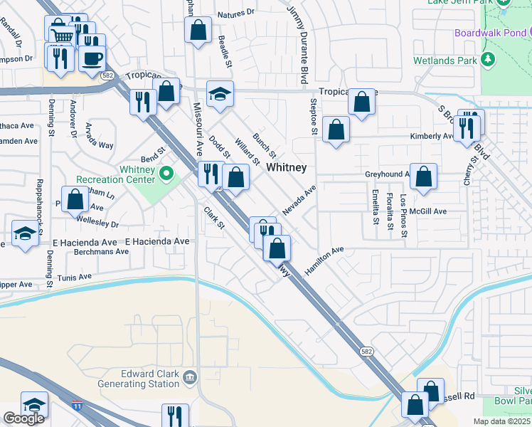 map of restaurants, bars, coffee shops, grocery stores, and more near in Whitney