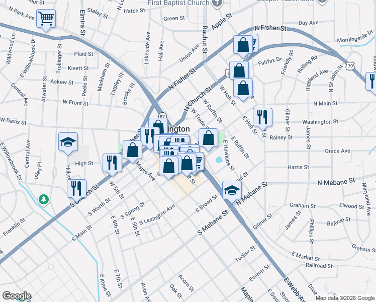 map of restaurants, bars, coffee shops, grocery stores, and more near E Webb Ave & N Main St in Burlington
