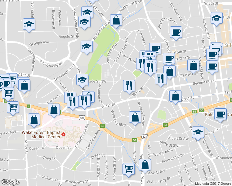 map of restaurants, bars, coffee shops, grocery stores, and more near 1211 Forsyth Street Northwest in Winston-Salem