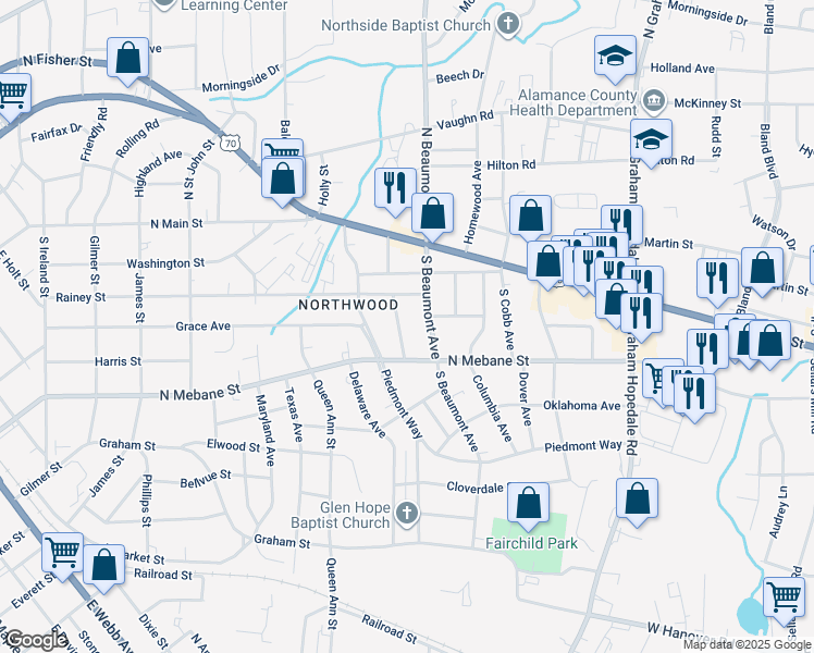 map of restaurants, bars, coffee shops, grocery stores, and more near 322 Georgia Avenue in Burlington