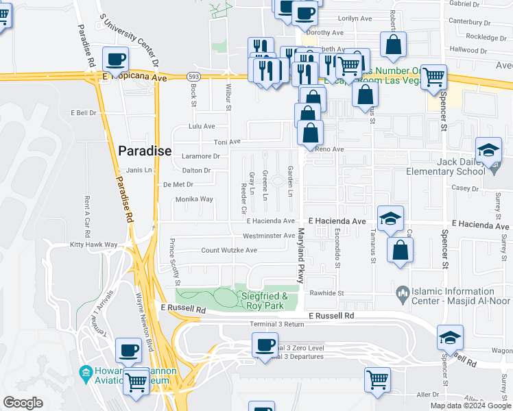 map of restaurants, bars, coffee shops, grocery stores, and more near 5236 Gray Lane in Las Vegas
